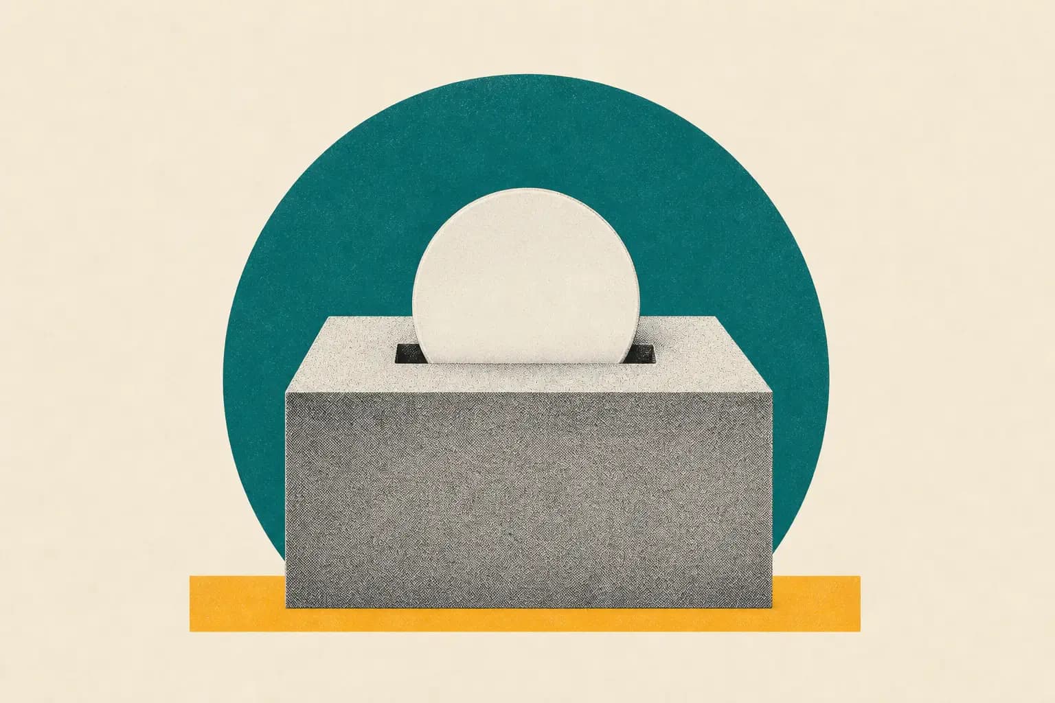 Minimal editorial collage of one blank token entering a slot in a monolithic block