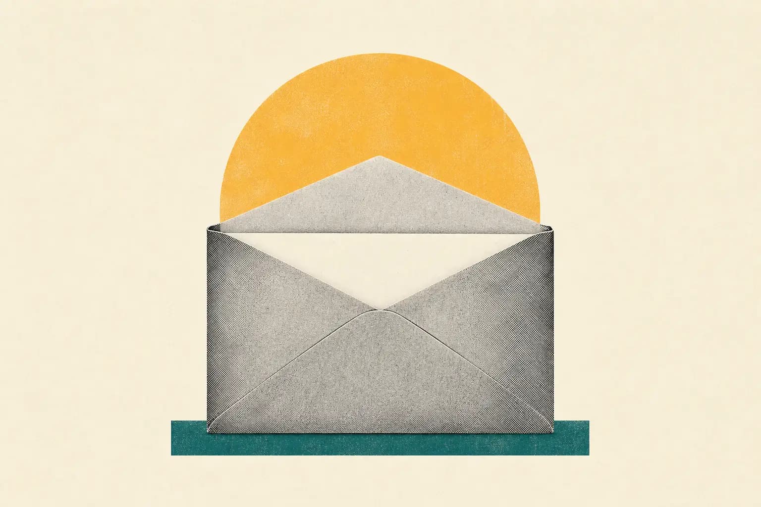 Minimal editorial collage of one open envelope against a yellow semicircle and teal base