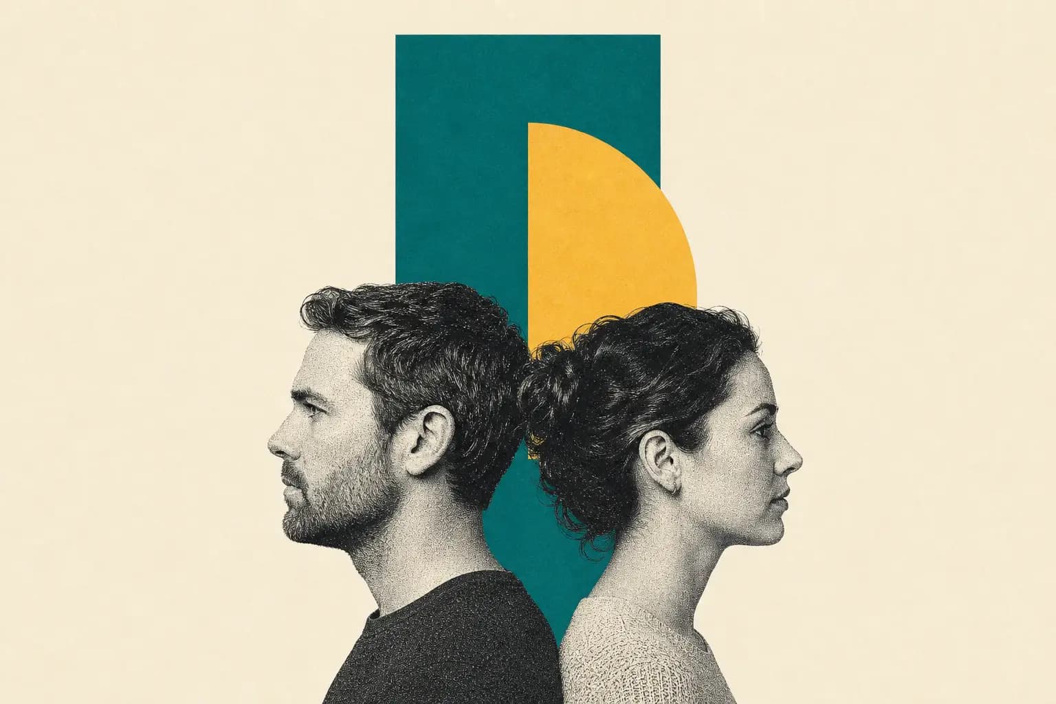 Minimal editorial collage of two people shown back-to-back against teal and yellow shapes