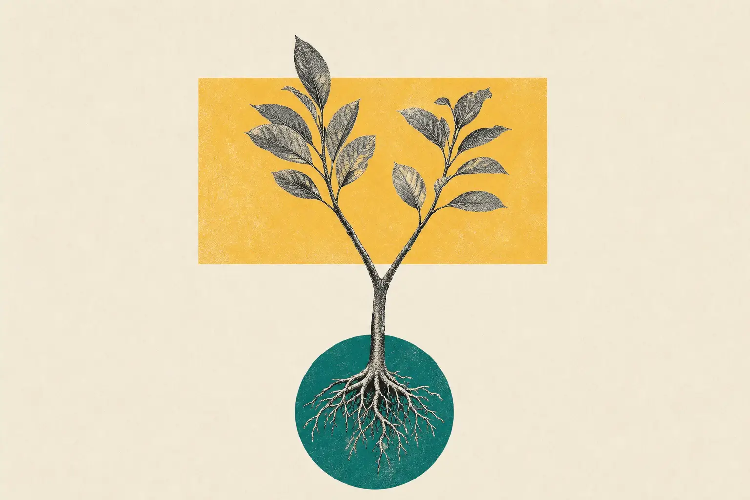 Minimal editorial collage of one sapling dividing into two branches above teal and yellow shapes