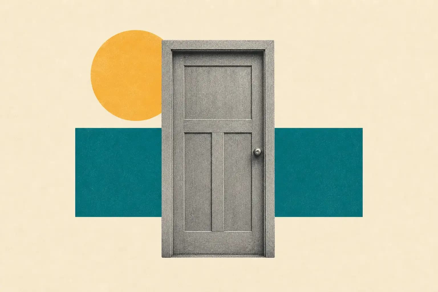 Minimal editorial collage of a grayscale front door over teal and yellow geometric shapes