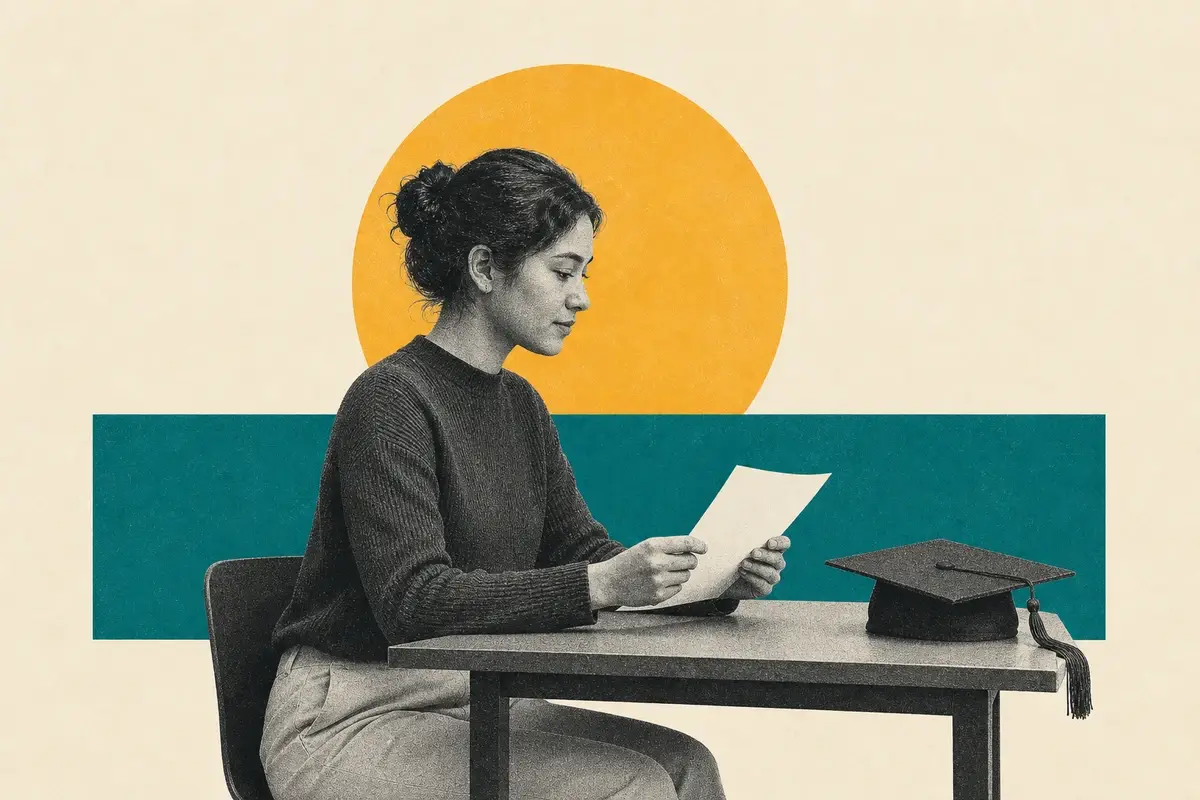 Black-and-white collage of a graduate reading her first payslip beside a mortarboard