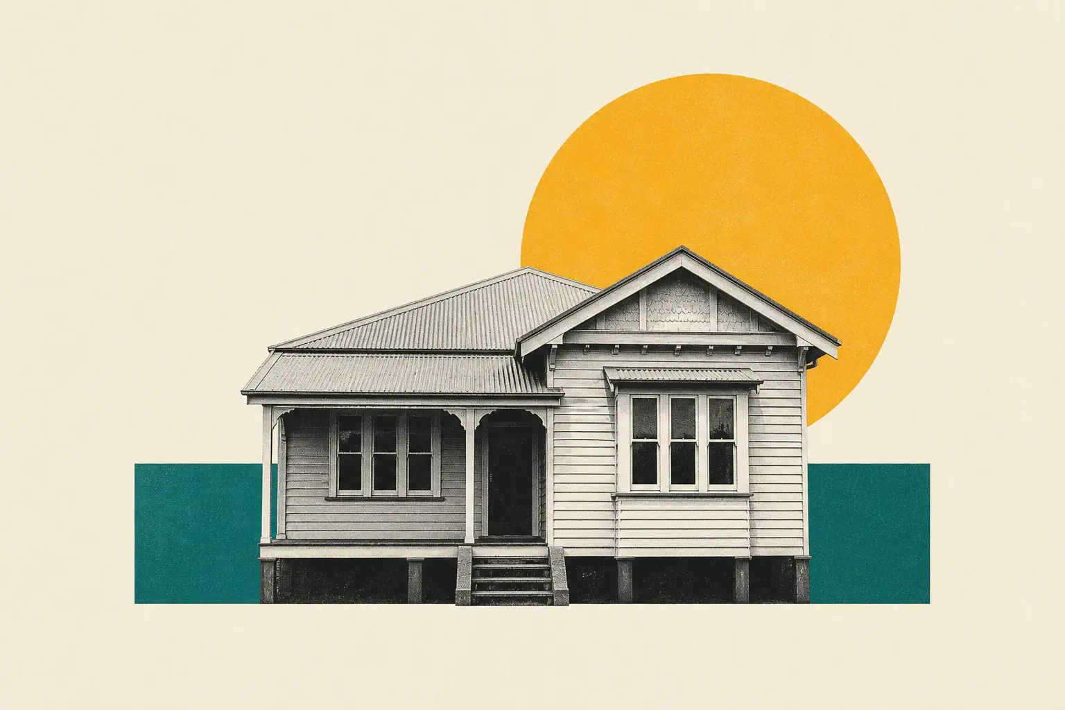 Minimal editorial collage of an Australian weatherboard house against yellow and teal shapes