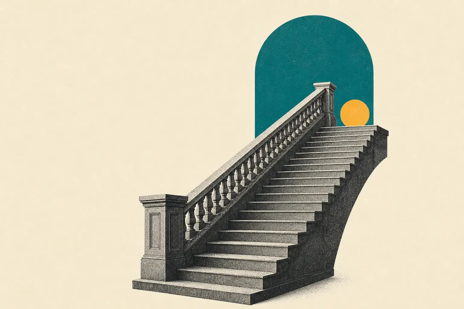 Minimal editorial collage of a staircase rising toward a teal arch and yellow circle
