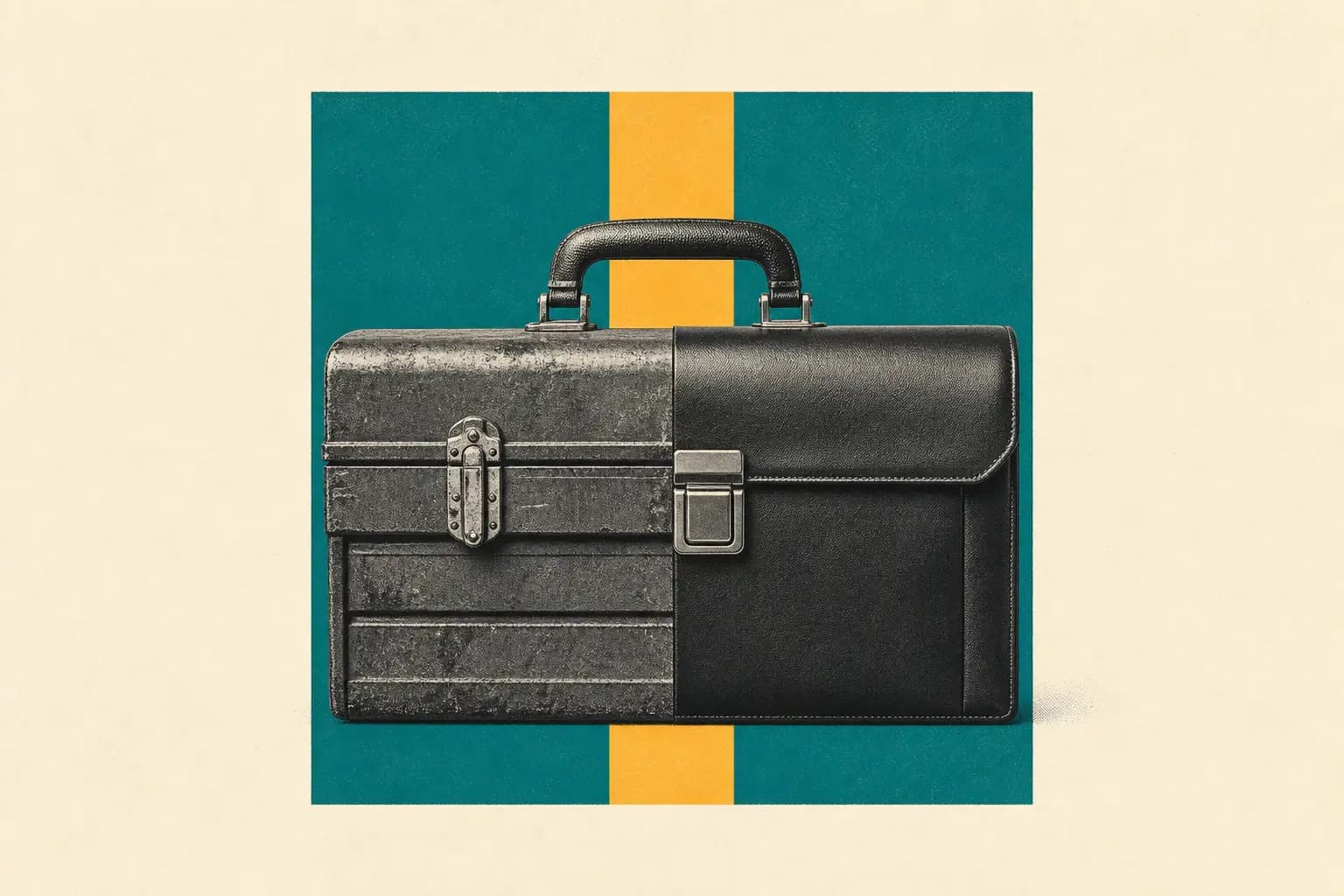 Minimal editorial collage of one work case split between a toolbox and an office briefcase