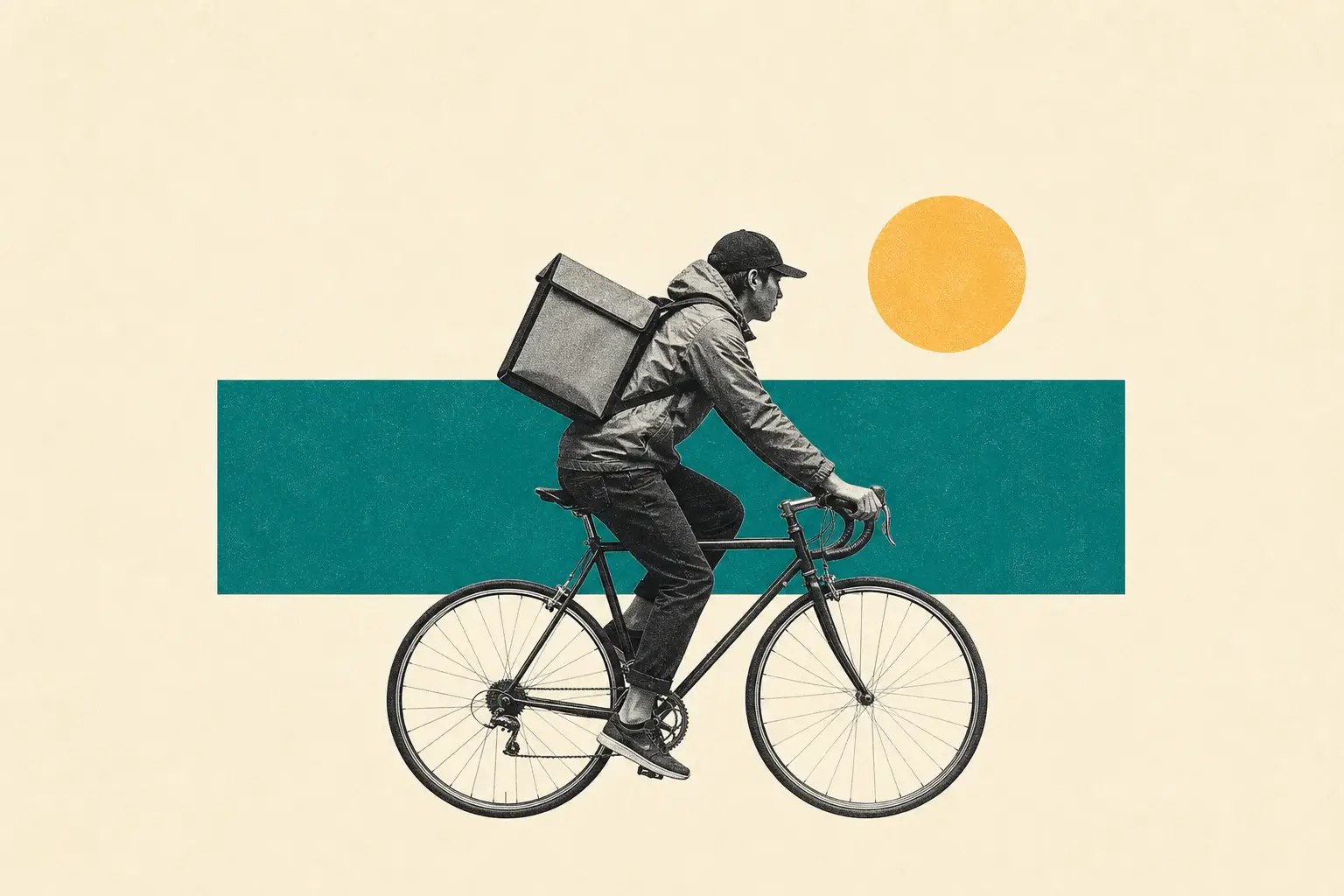 Minimal editorial collage of a bicycle courier crossing a teal field beneath a yellow sun
